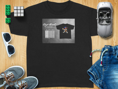 Gildan 5000B Youth T-Shirt size chart featuring a cartoon dog in baseball gear.