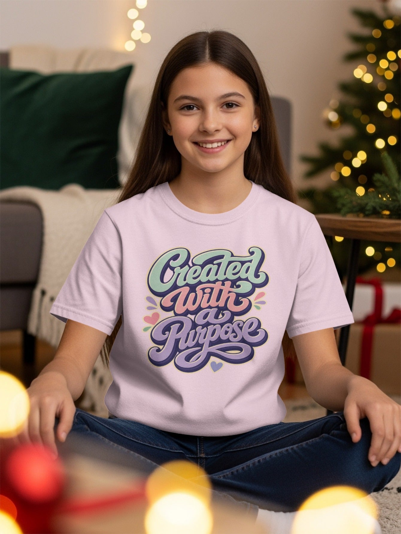 Young girl wearing a pink t-shirt with "Created With a Purpose" text.