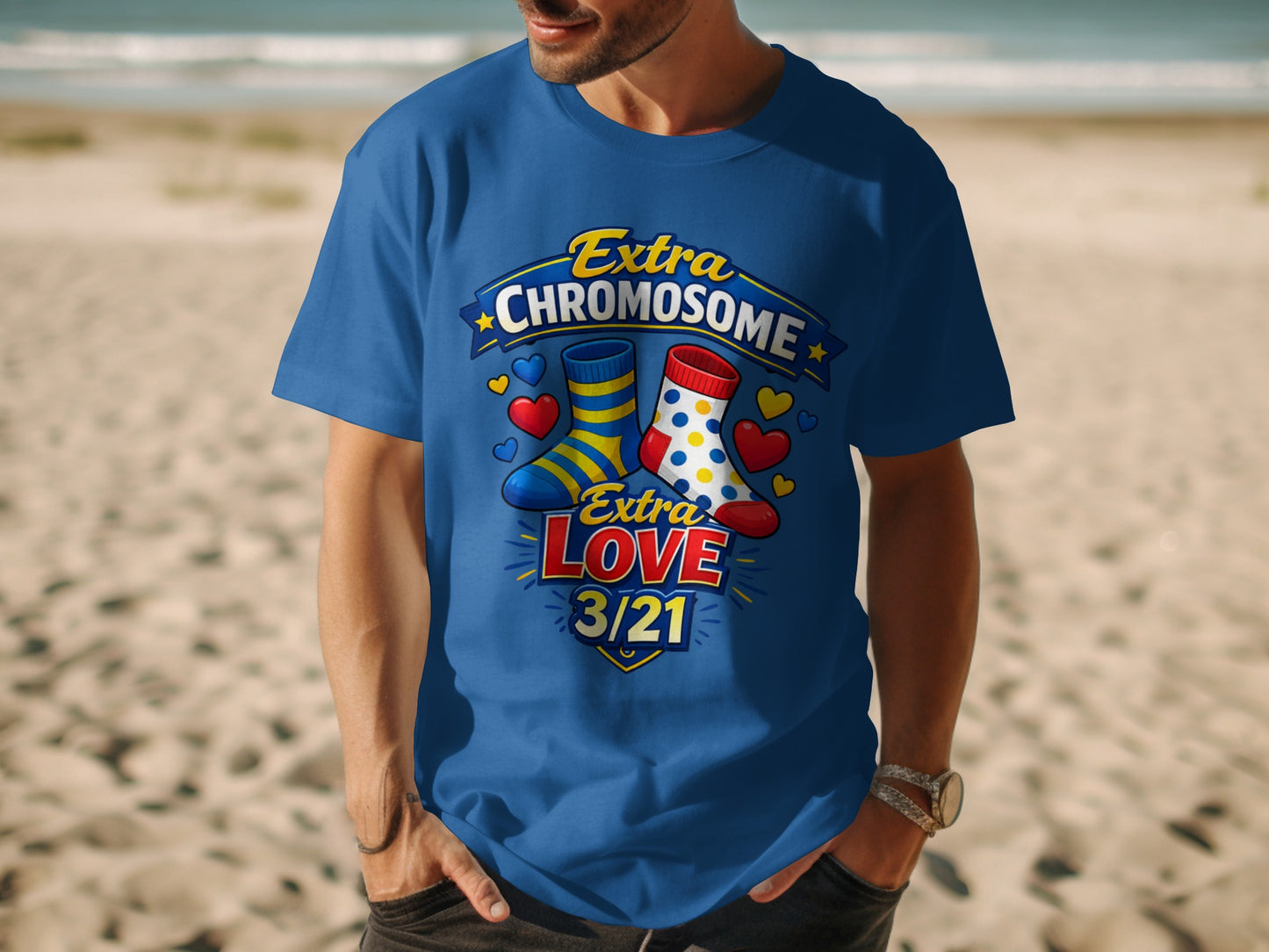 Blue t-shirt with "Extra Chromosome Extra LOVE 3/21" text and cartoon socks