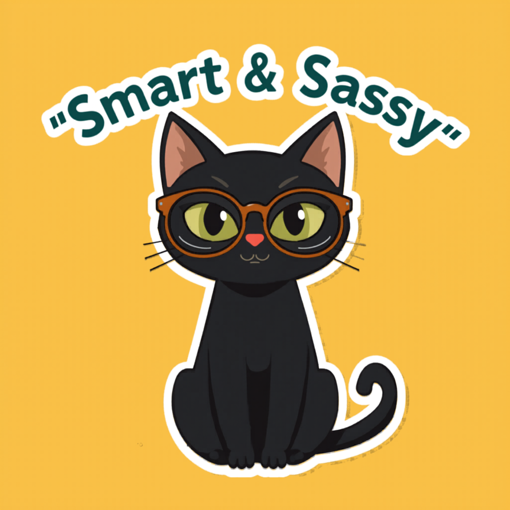 Black cat wearing glasses with text "Smart & Sassy" on yellow background.