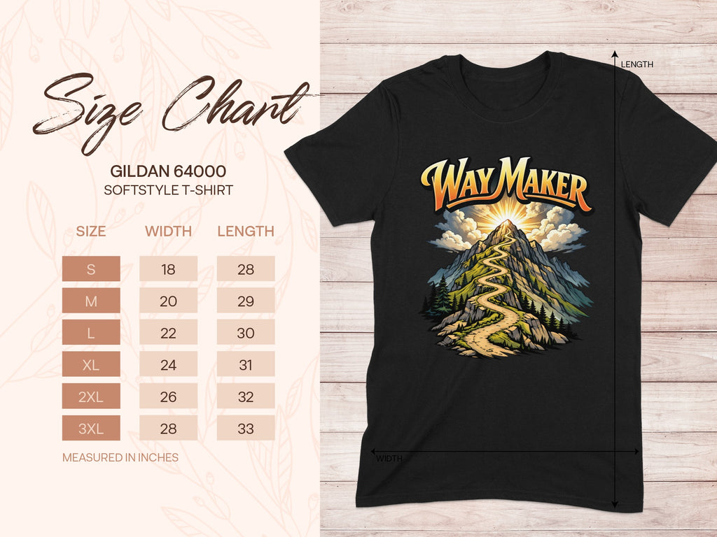 Gildan 64000 softstyle t-shirt size chart with mountain graphic.