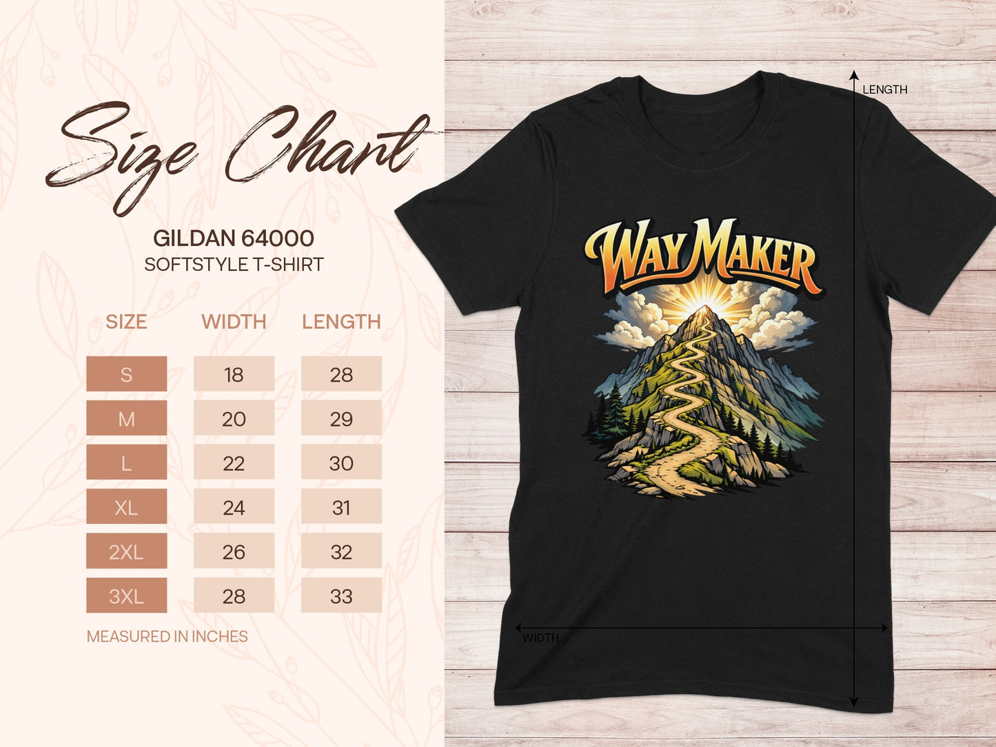 Gildan 64000 softstyle t-shirt size chart with mountain graphic.