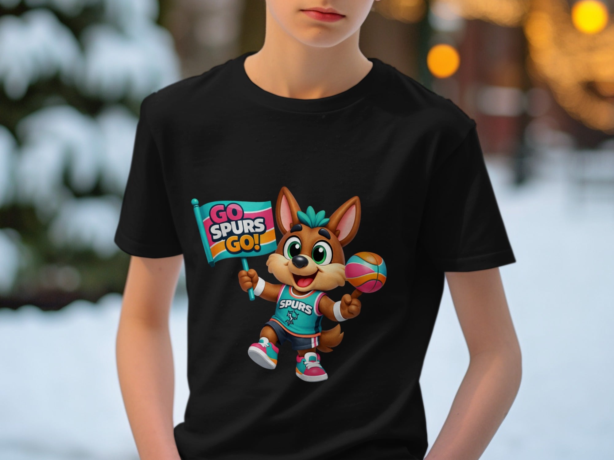 Cartoon fox with basketball, wearing Spurs jersey, holding "Go Spurs Go!" flag.