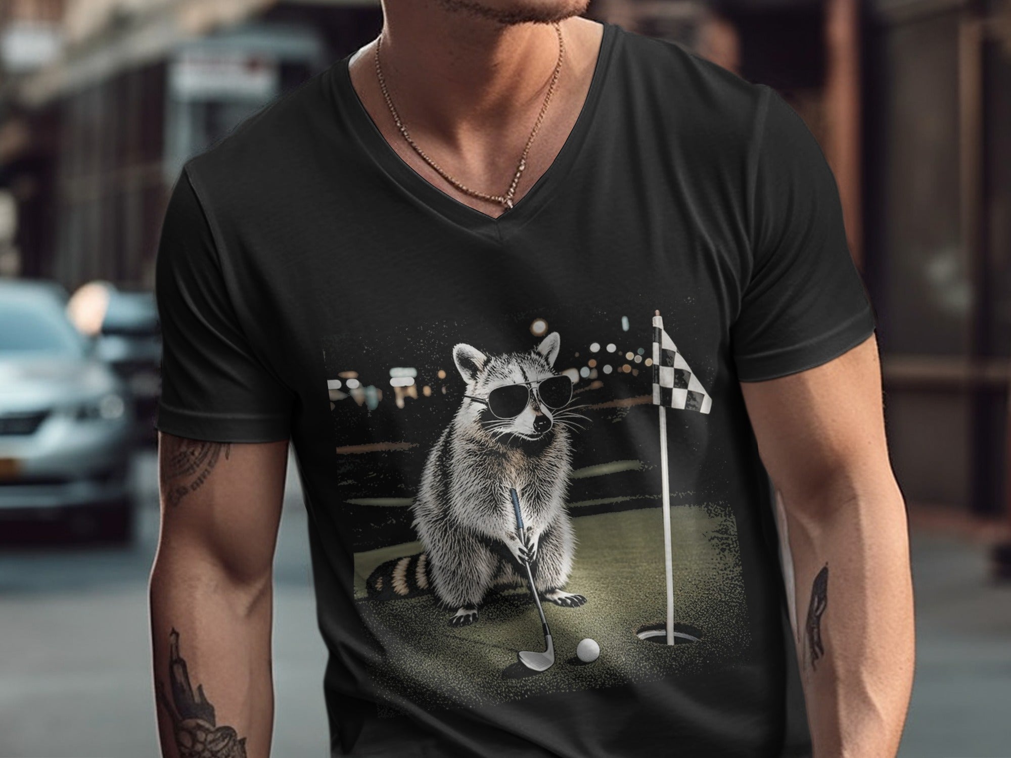 Raccoon wearing sunglasses plays golf on a checkered flag course.