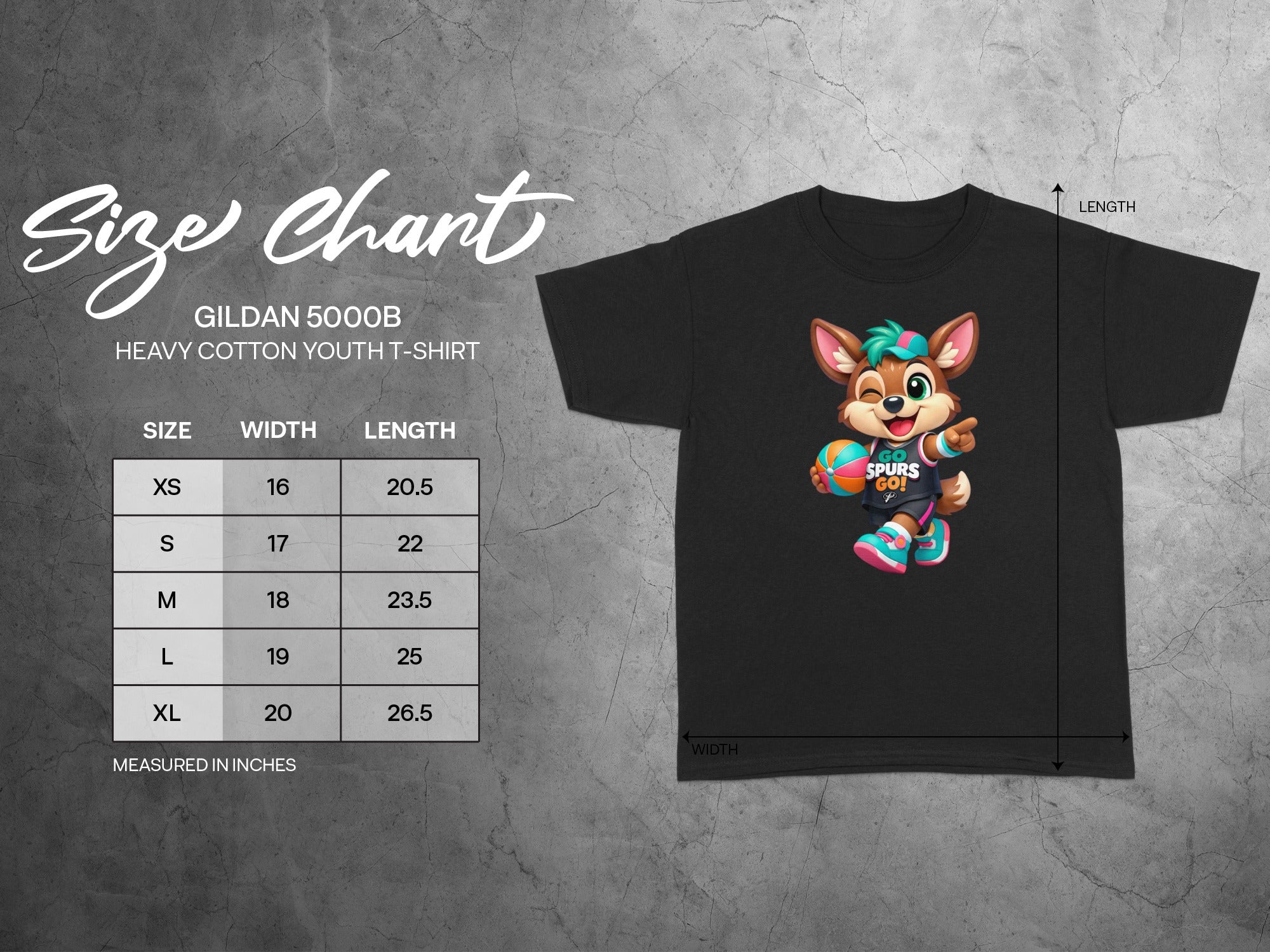 Gildan 5000B youth t-shirt size chart with cartoon mascot holding a basketball.