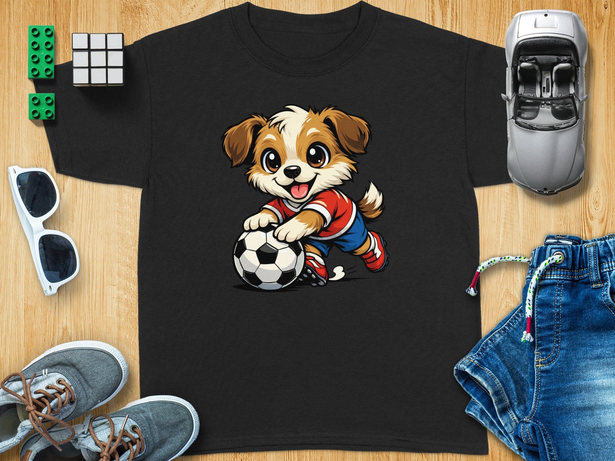 Black t-shirt with cartoon dog playing soccer and denim shorts.