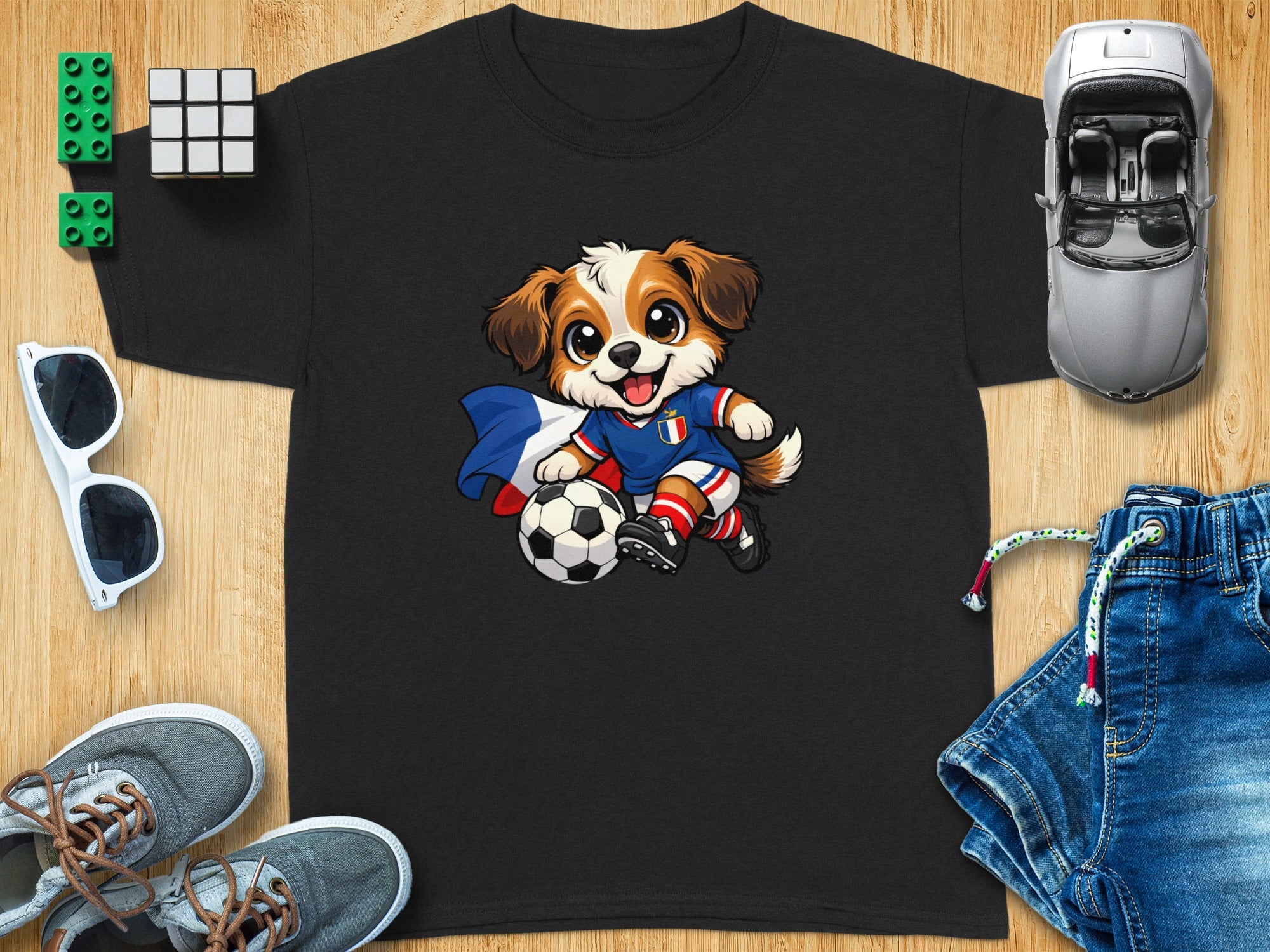 Black t-shirt with cartoon dog wearing French flag and soccer uniform.