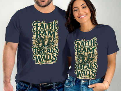 Navy t-shirts with a ram and text reading "Faith is the Ram that breaks the Walls Joshua 6:20".