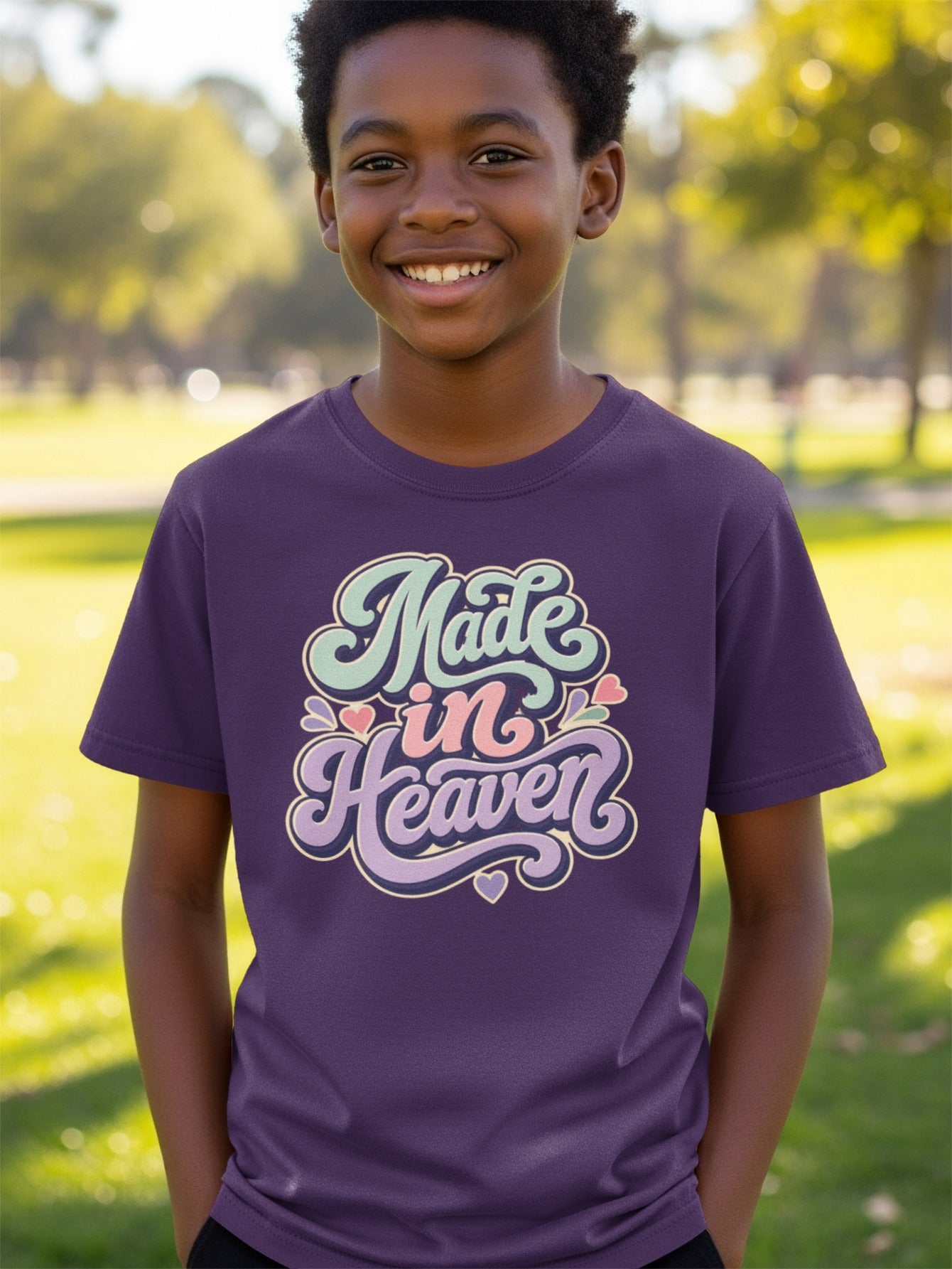 Boy in purple t-shirt with "Made in Heaven" text in retro script and pastel colors.