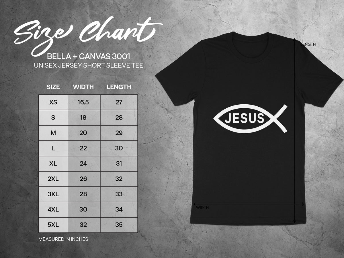 Bella + Canvas 3001 size chart for unisex jersey short sleeve tee.
