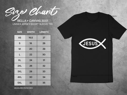 Bella + Canvas 3001 size chart for unisex jersey short sleeve tee.
