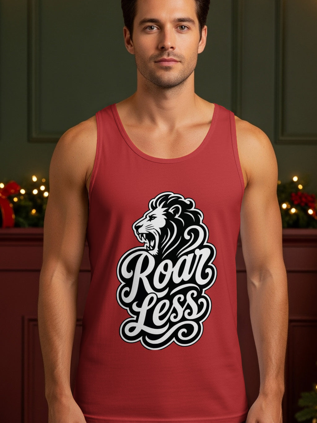 Red tank top with "Roar Less" and a lion graphic.