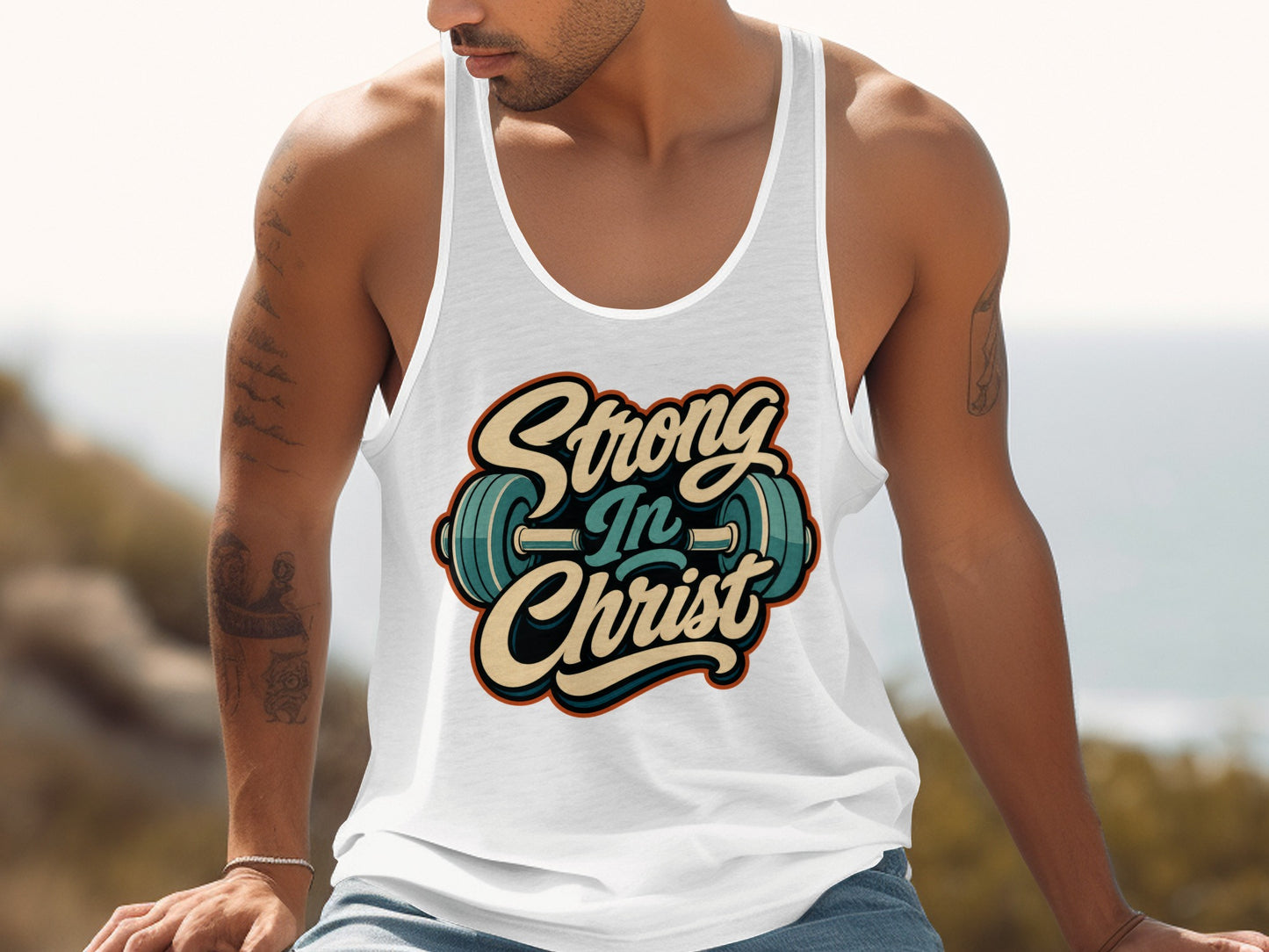 White tank top with "Strong In Christ" text and barbell graphic.