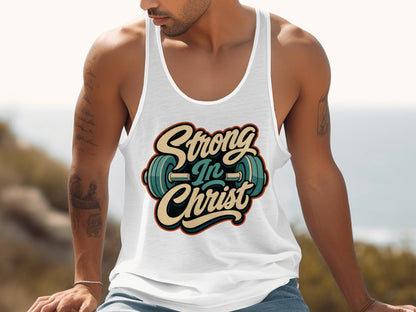 White tank top with "Strong In Christ" text and barbell graphic.