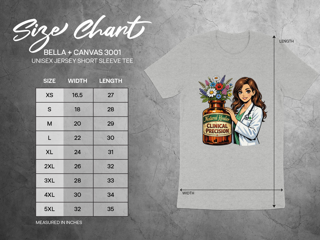 Bella + Canvas 3001 Unisex shirt size chart with graphic of a nurse and a bottle.