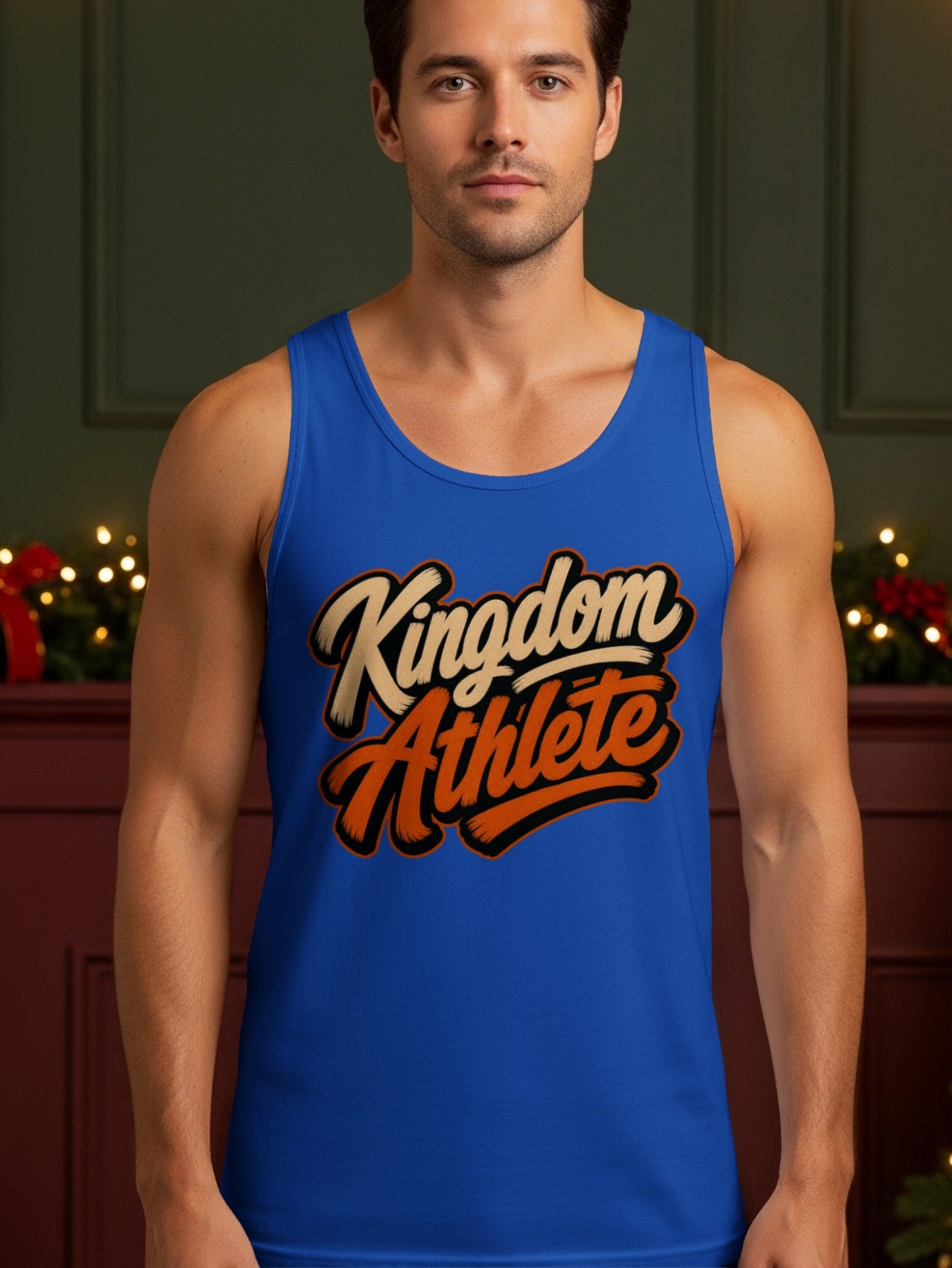 Blue tank top with "Kingdom Athlete" text in orange and cream.