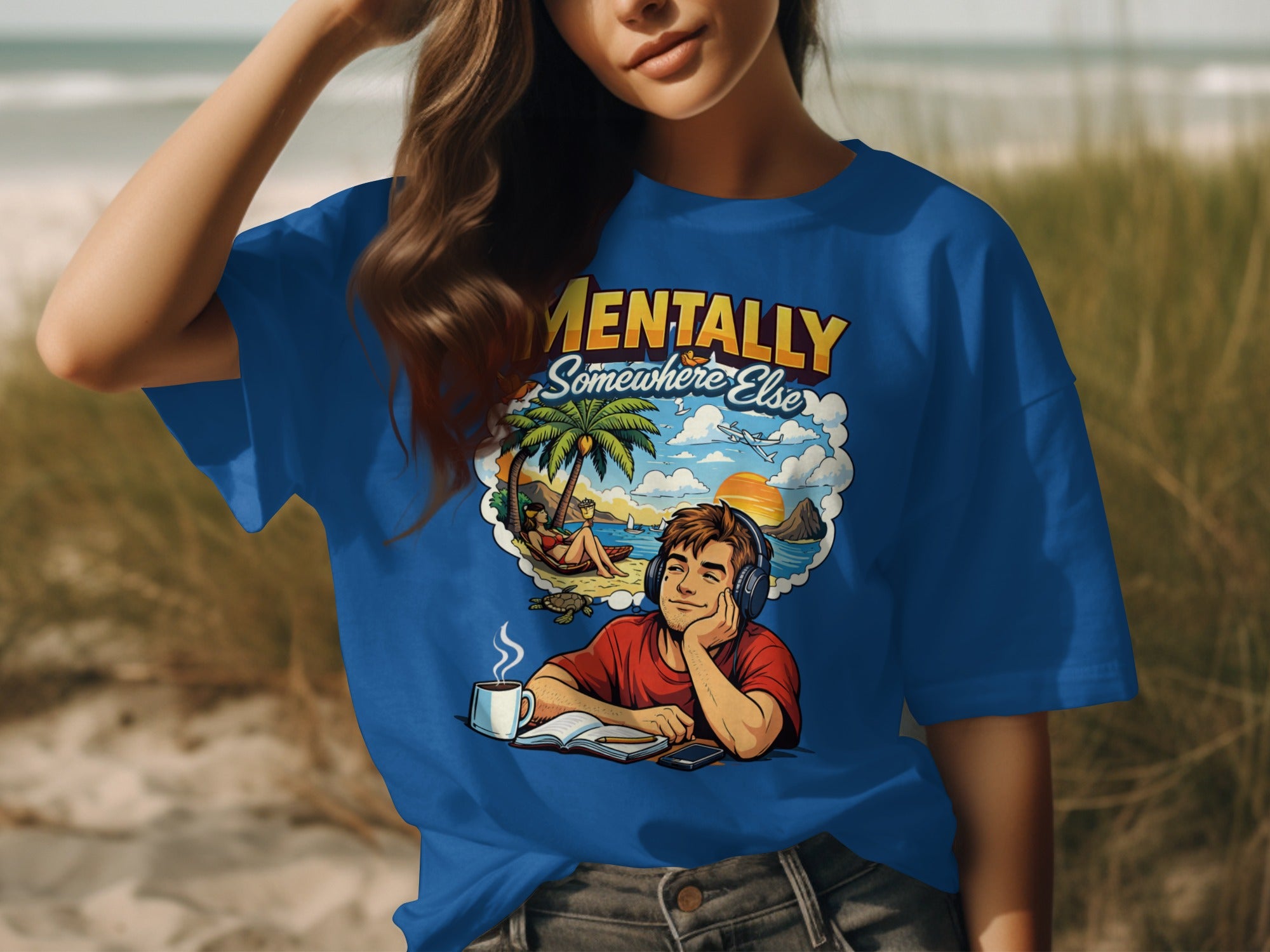 Blue t-shirt with "Mentally Somewhere Else" text and beach scene graphic.
