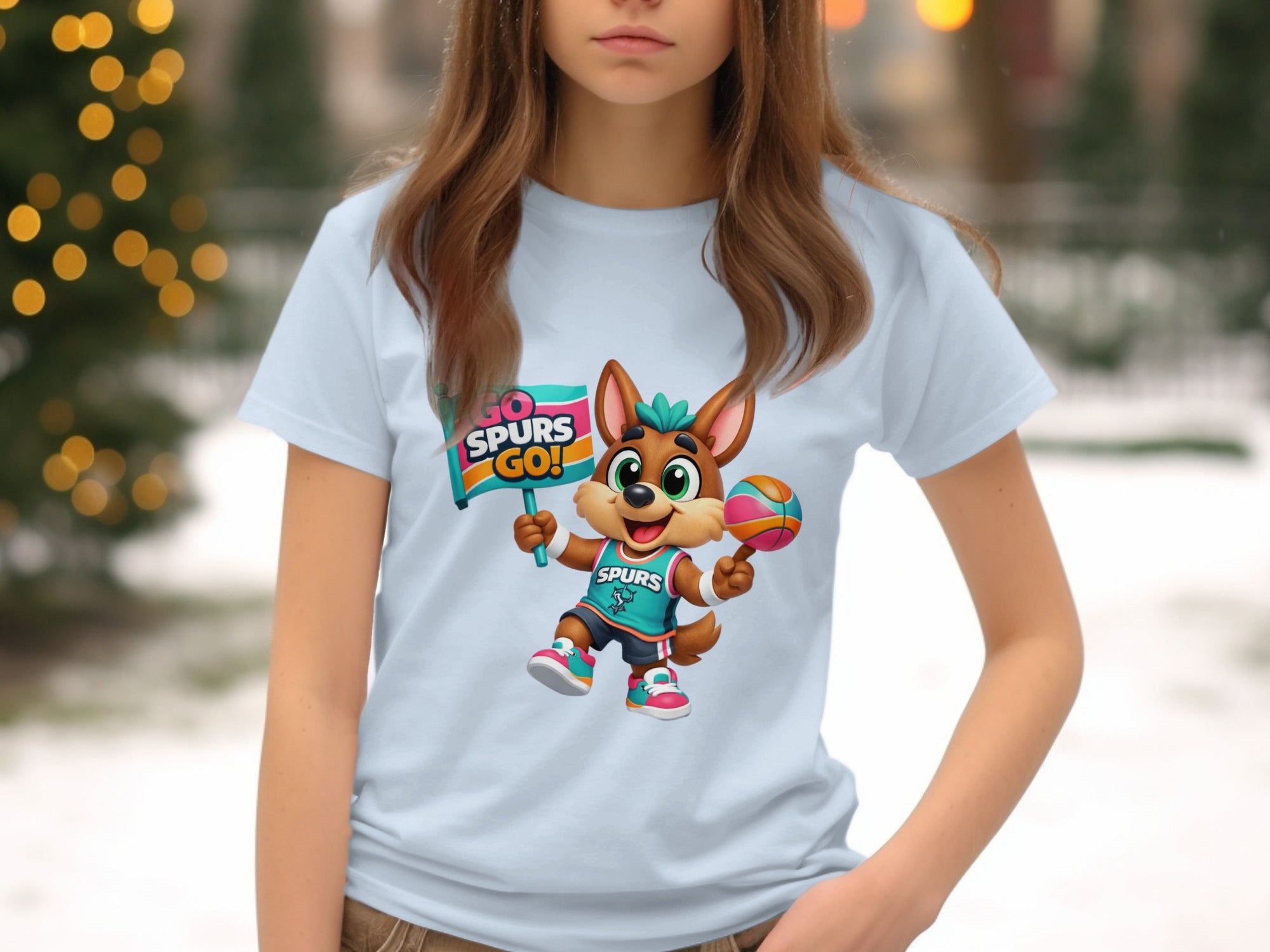 Cartoon dog in spurs jersey holds basketball and "Go Spurs Go!" sign.