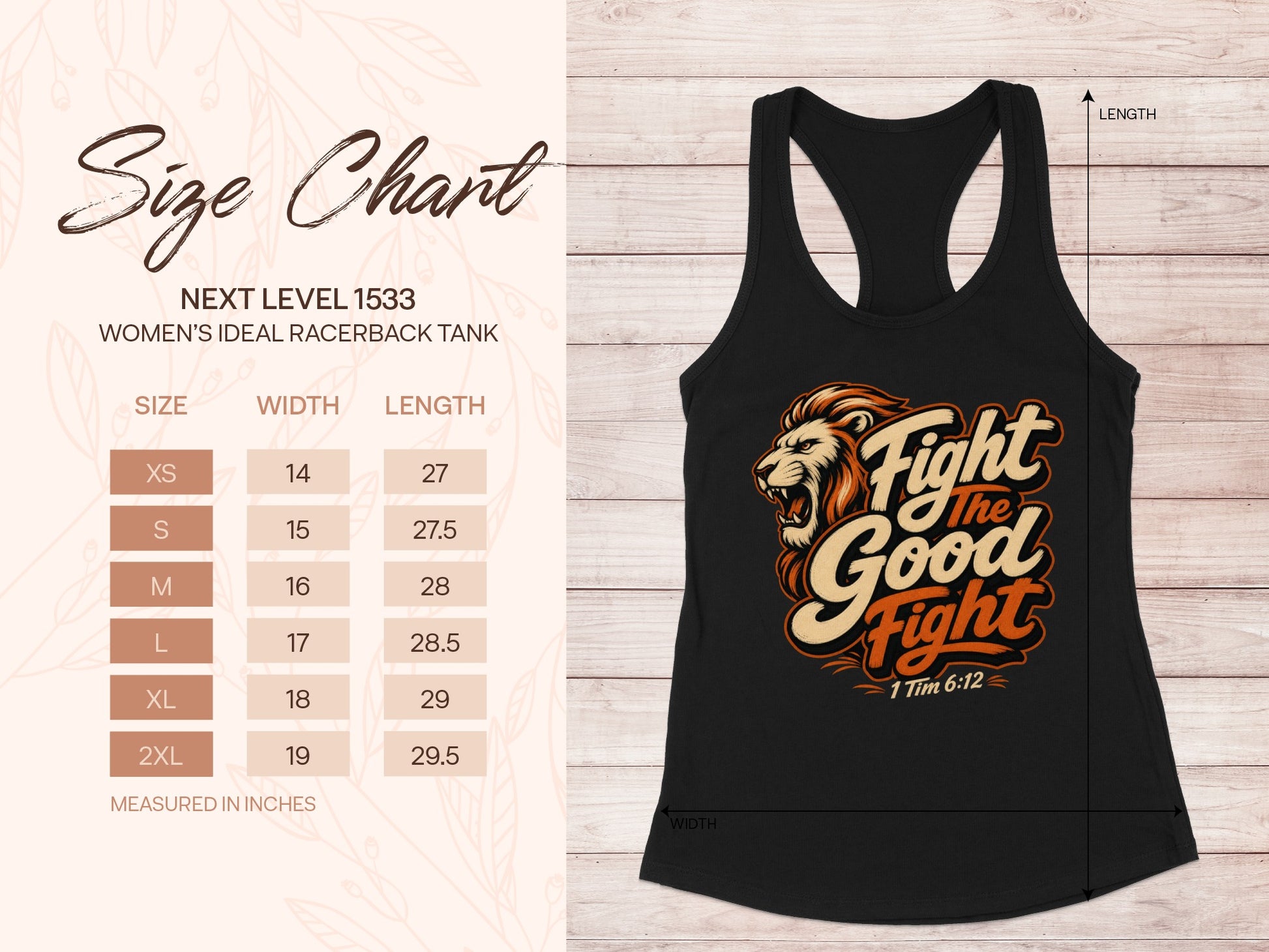 Black racerback tank with "Fight the Good Fight" graphic and size chart.