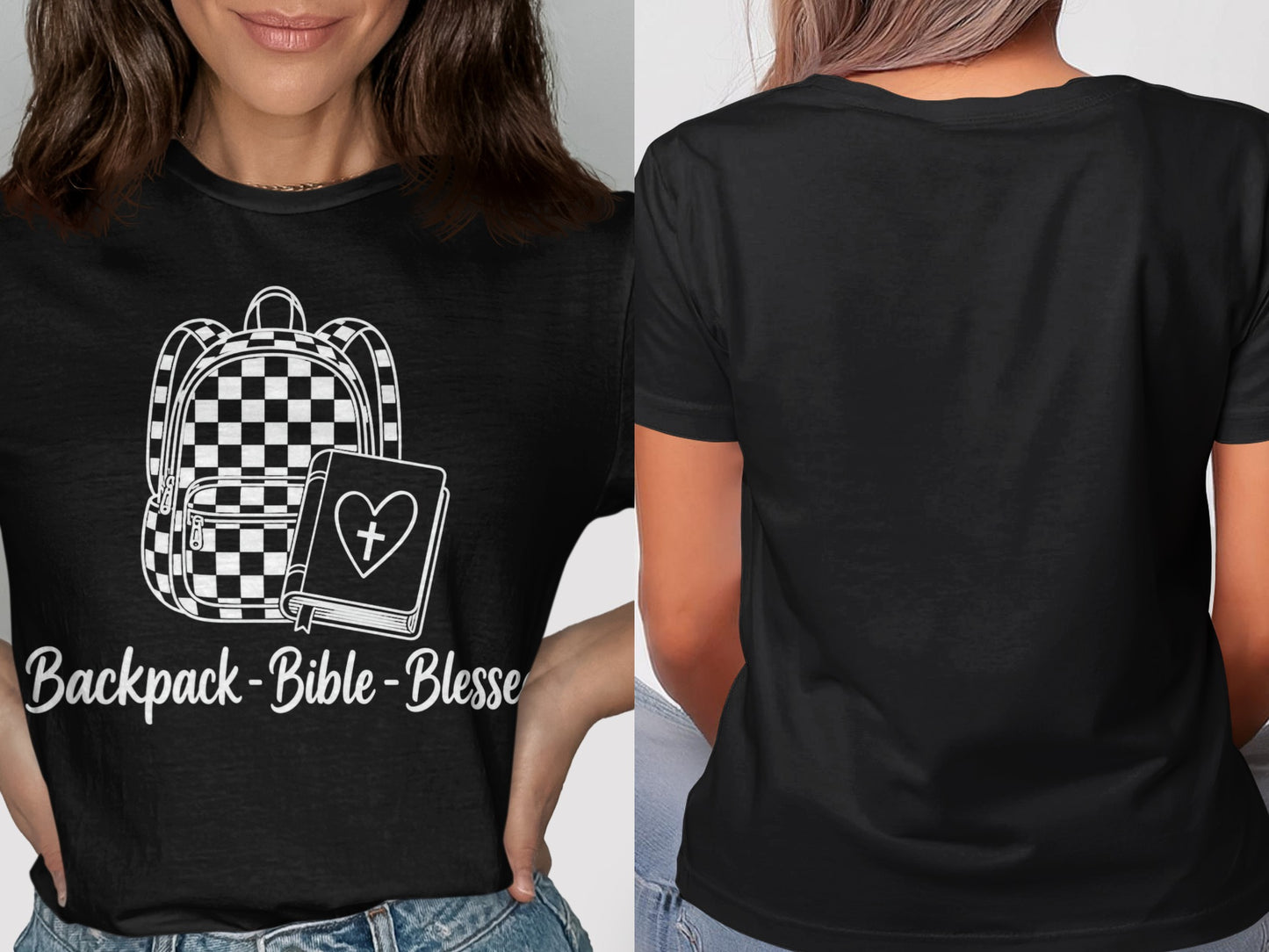 Black t-shirt with white graphic of backpack, bible, and text "Backpack-Bible-Blessed".