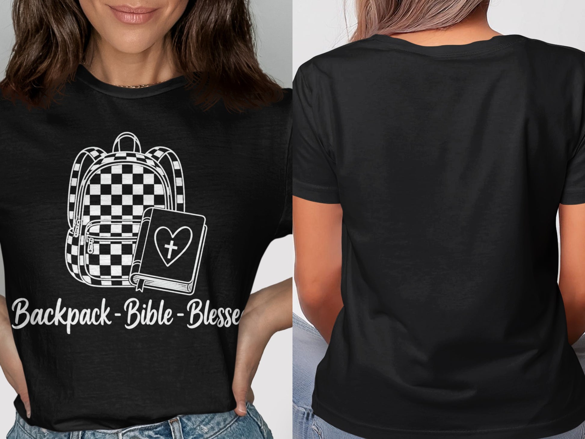 Black t-shirt with white graphic of backpack, bible, and text "Backpack-Bible-Blessed".