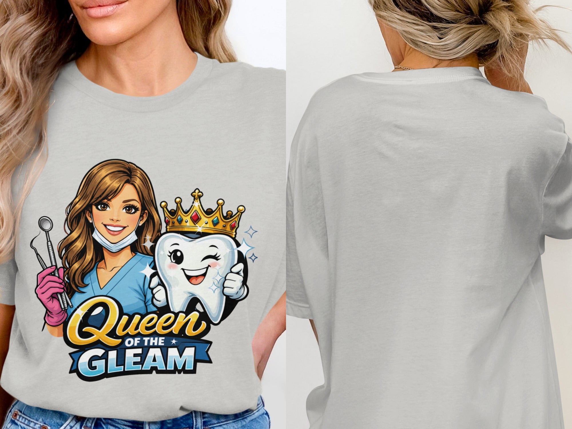 Cartoon dentist holding tools and winking tooth with crown. "Queen of the Gleam" text.
