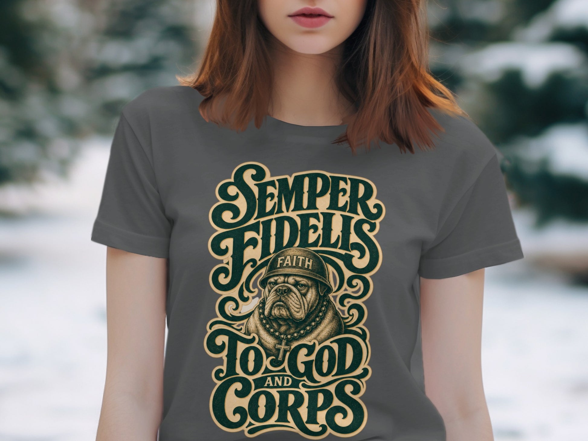 Dark grey t-shirt with "SEMPER FIDELIS" and bulldog graphic.
