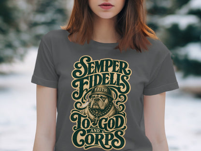 Dark grey t-shirt with "SEMPER FIDELIS" and bulldog graphic.