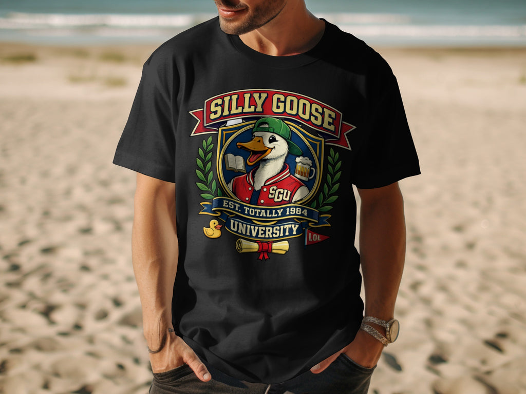 Black t-shirt featuring a Silly Goose University crest with a duck wearing a hat and holding a book.