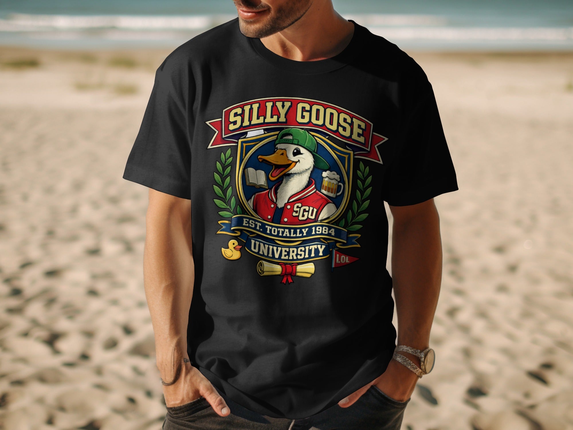 Black t-shirt featuring a Silly Goose University crest with a duck wearing a hat and holding a book.