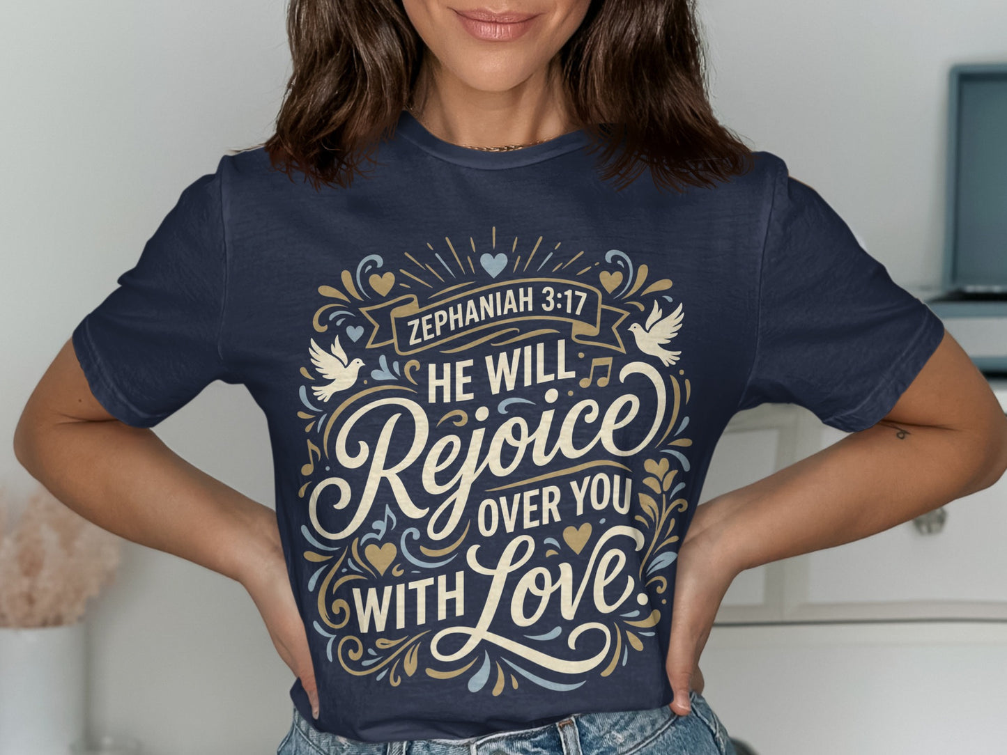 Navy t-shirt with text "Zephaniah 3:17 He will Rejoice over you with Love."