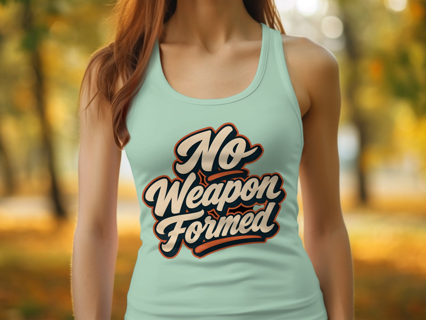Mint tank top with "No Weapon Formed" graphic in retro font