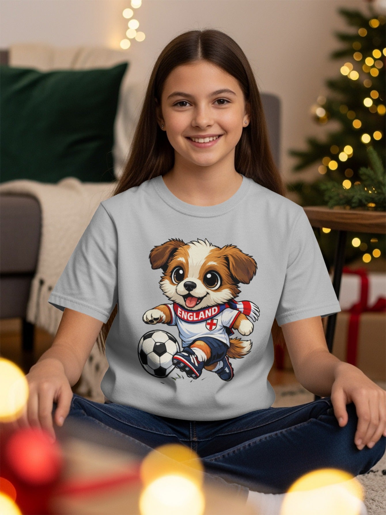 Cartoon dog wearing England soccer jersey and scarf kicks a ball.