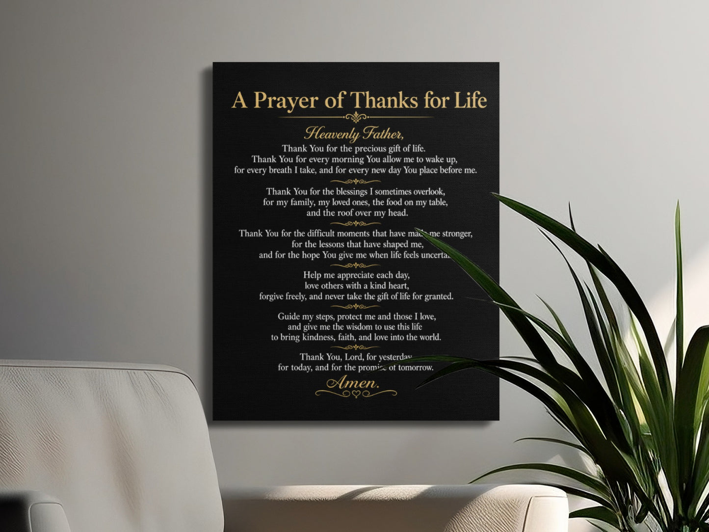 Black canvas with gold text: "A Prayer of Thanks for Life" and prayer.