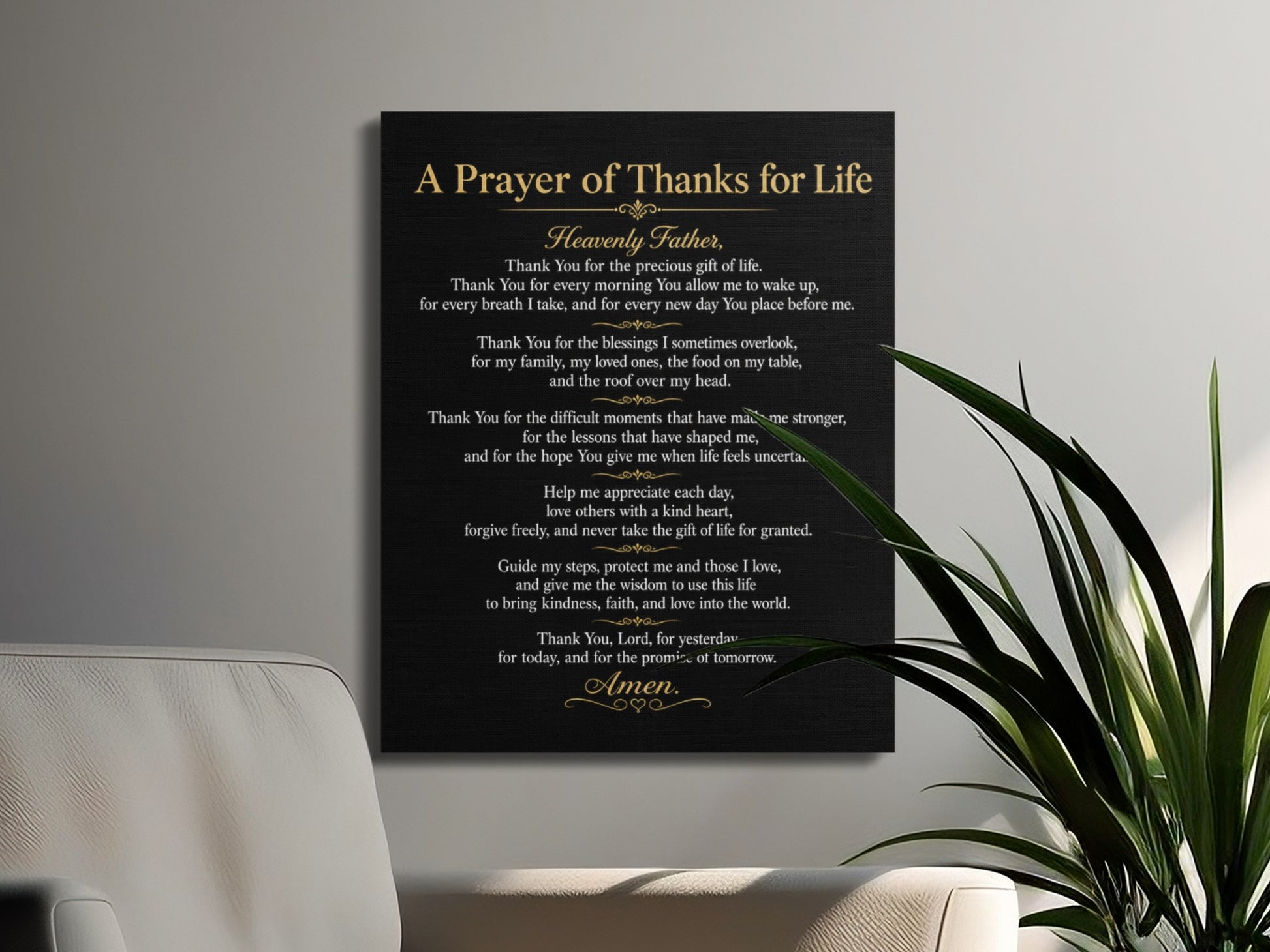 Black canvas with gold text: "A Prayer of Thanks for Life" and prayer.