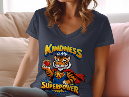 Tiger superhero with heart and text "Kindness is My Superpower" wearing a t-shirt.