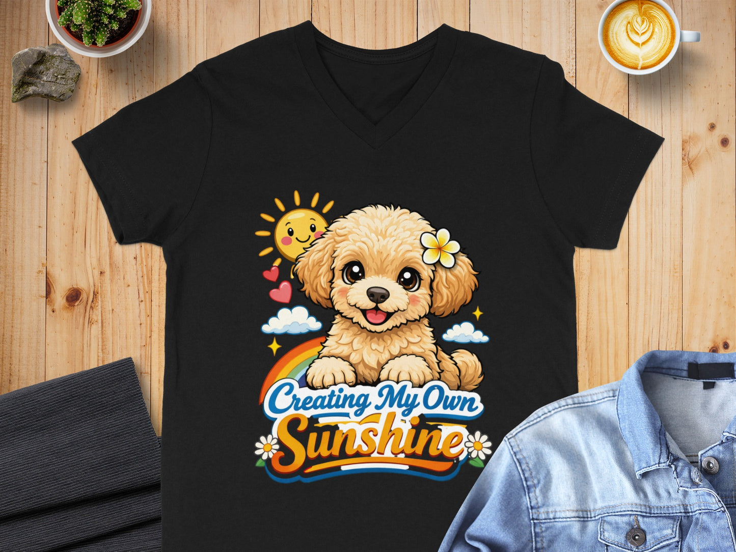 Black t-shirt with illustration of a happy puppy, sun, rainbow, and clouds.