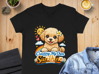 Black t-shirt with illustration of a happy puppy, sun, rainbow, and clouds.