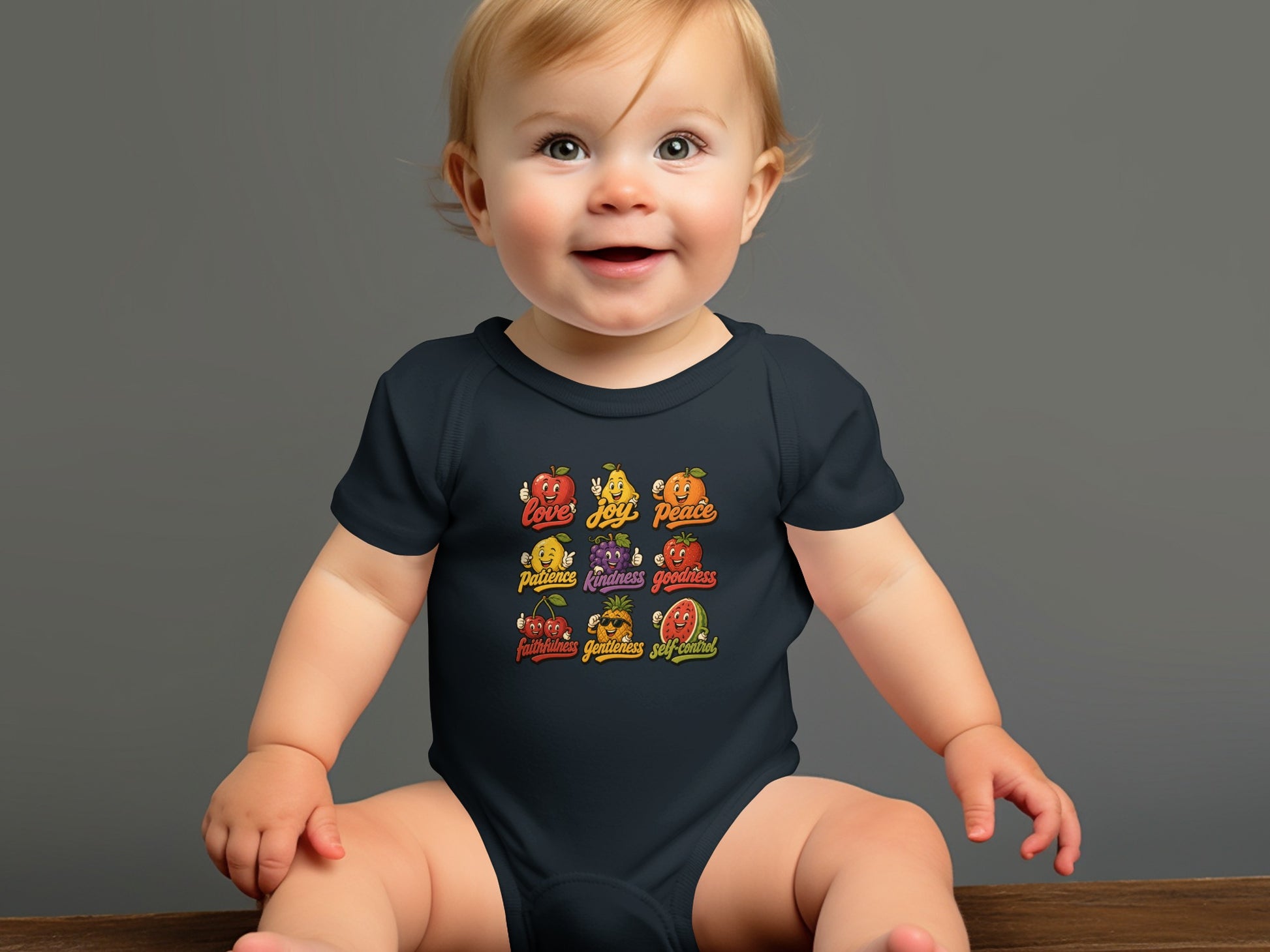 Baby wearing dark onesie with fruits depicting virtues: love, joy, peace, patience, kindness, goodness, faithfulness, gentleness, self-control.