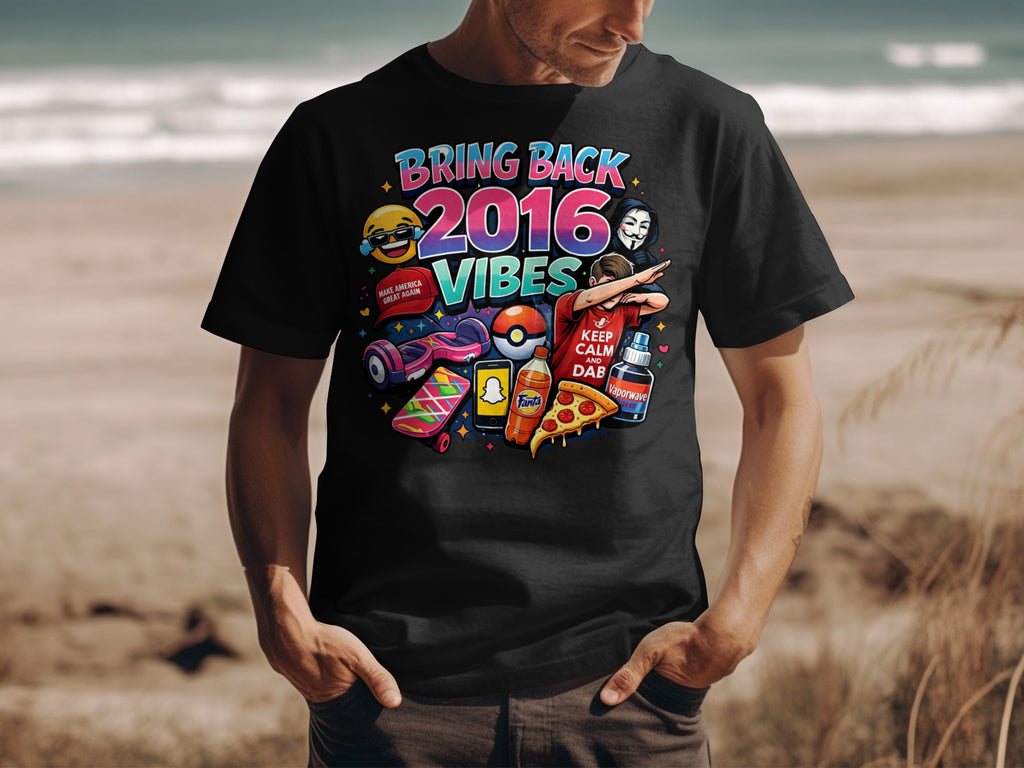 "Bring Back 2016 Vibes" graphic with pop culture icons on a black t-shirt.