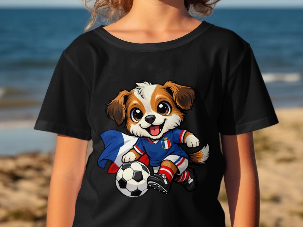 Cartoon dog wearing French soccer uniform with flag and ball.