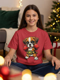 Red t-shirt with cartoon boxer dog wearing boxing gloves and championship belt.