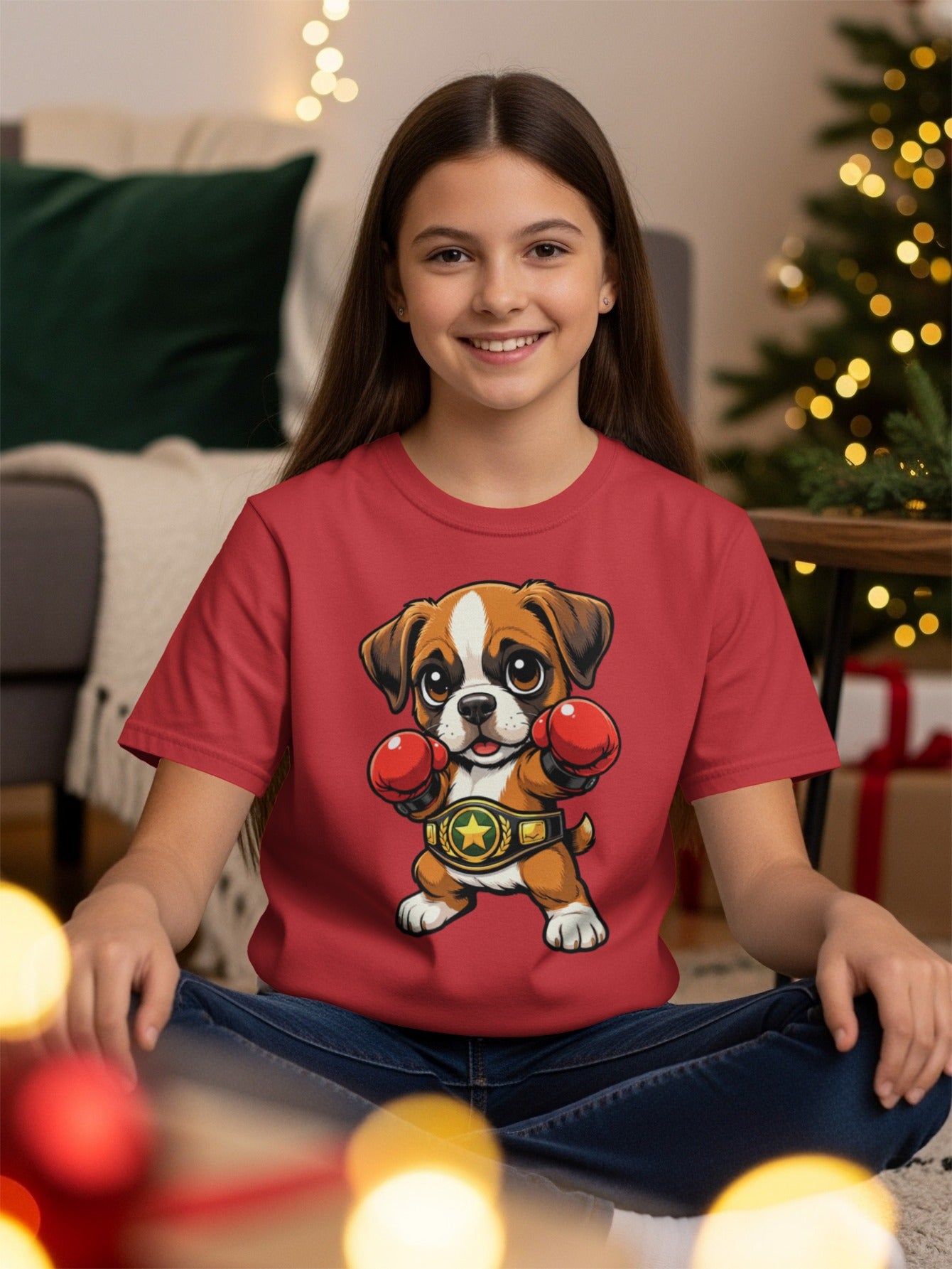 Red t-shirt with cartoon boxer dog wearing boxing gloves and championship belt.