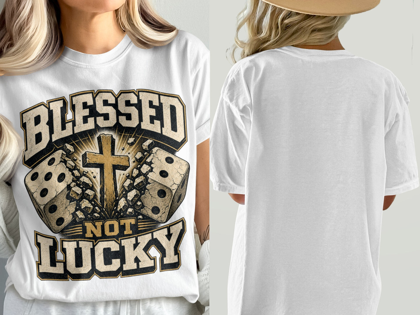 T-shirt with graphic: Blessed Not Lucky, dice, and cross design.
