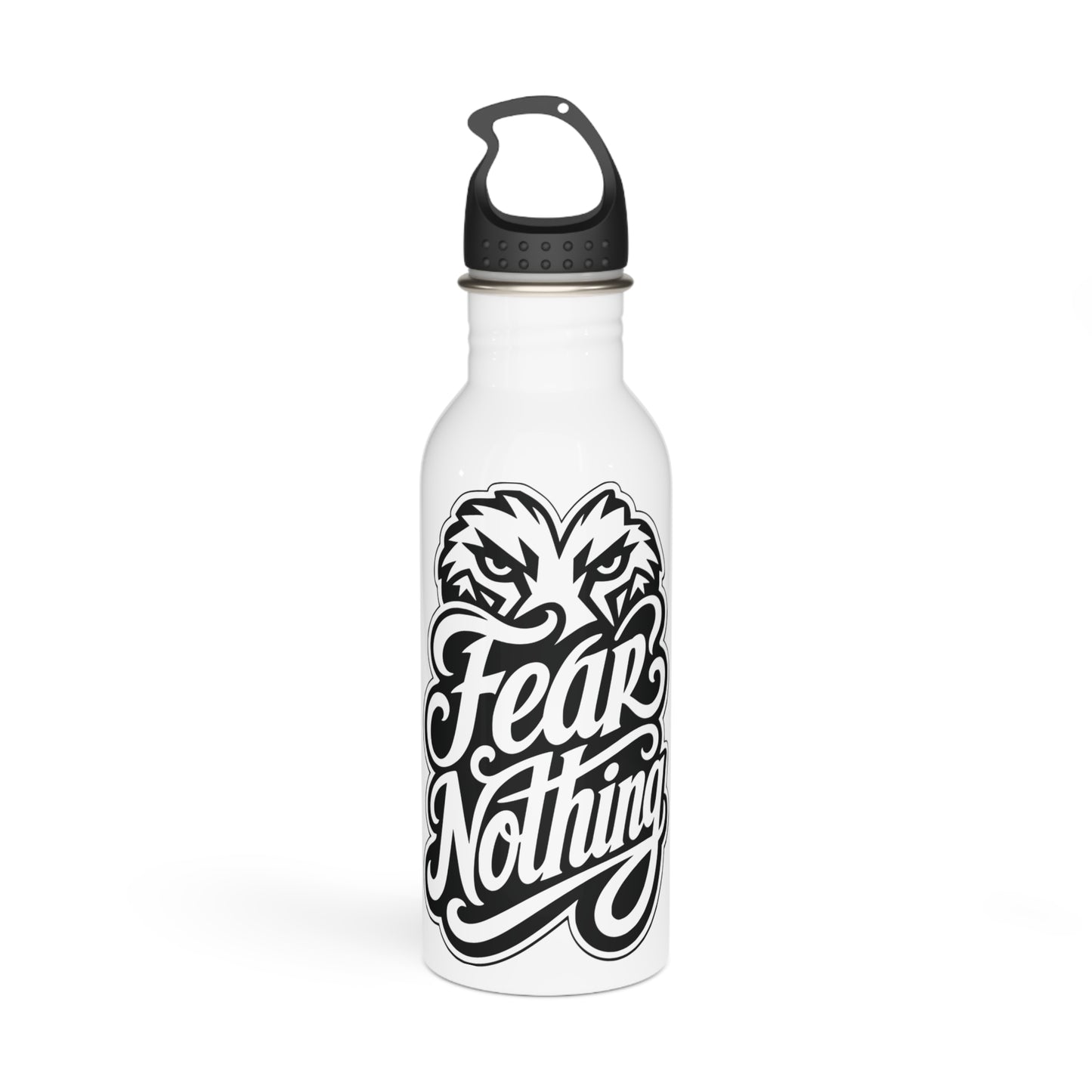 White water bottle with black graphic design of an eagle's face and the words "Fear Nothing".