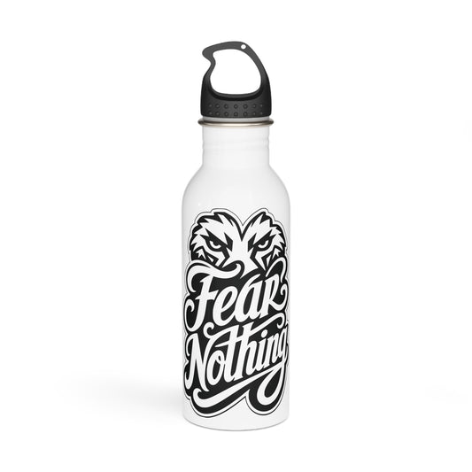 White water bottle with black graphic design of an eagle's face and the words "Fear Nothing".