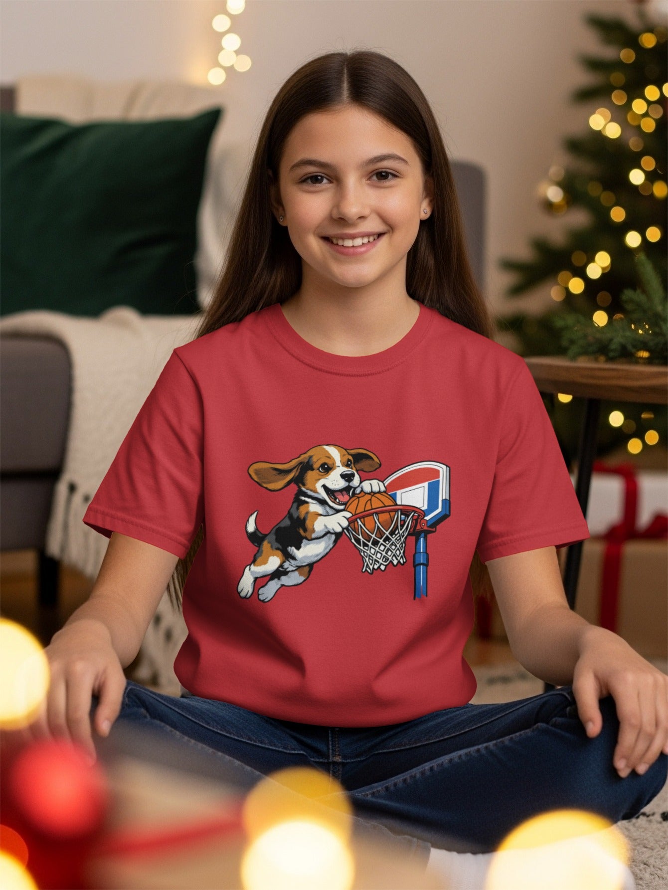 Red t-shirt with illustration of a beagle puppy dunking a basketball.