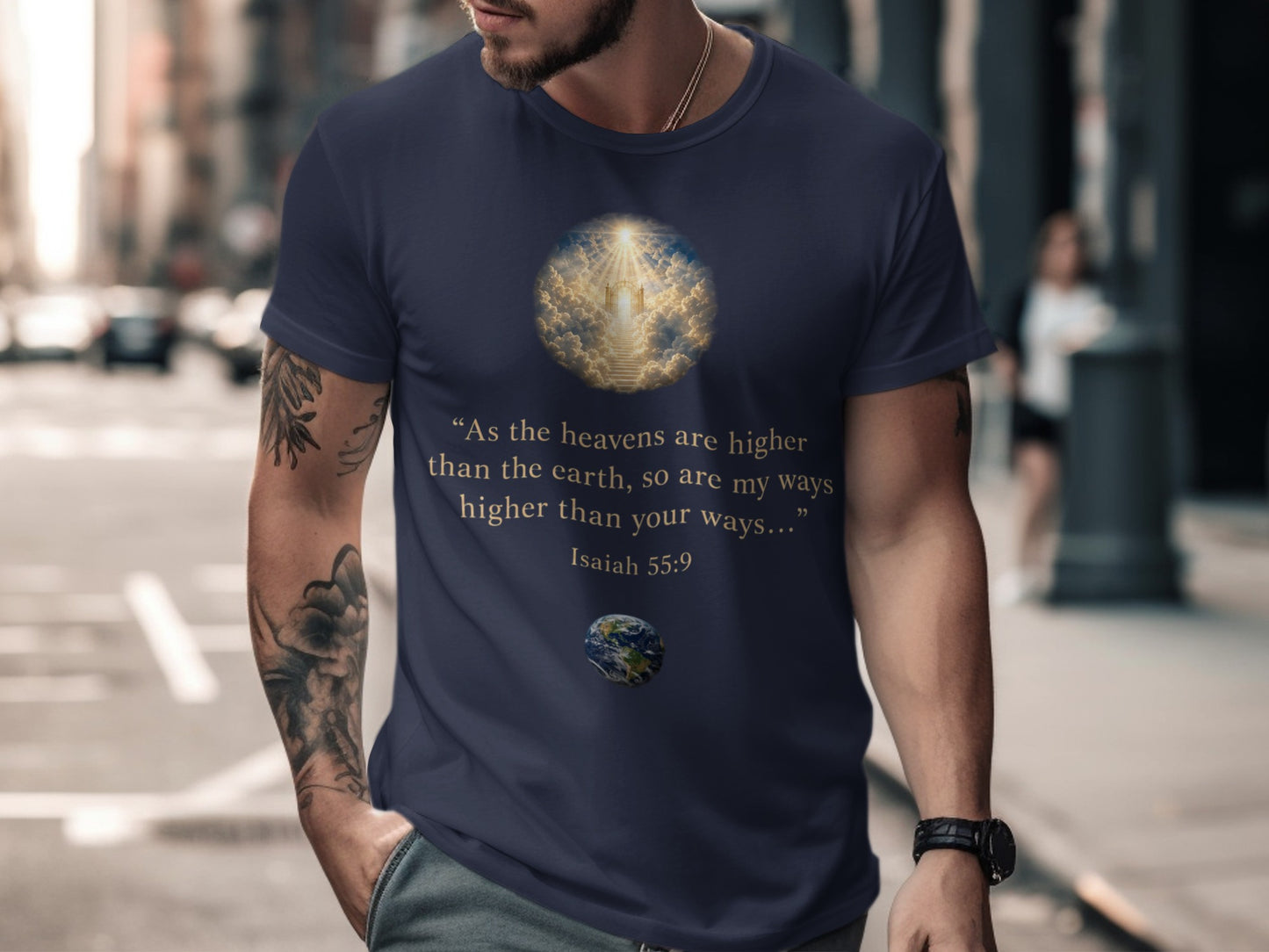 Dark blue t-shirt with "As the heavens are higher" quote from Isaiah 55:9.