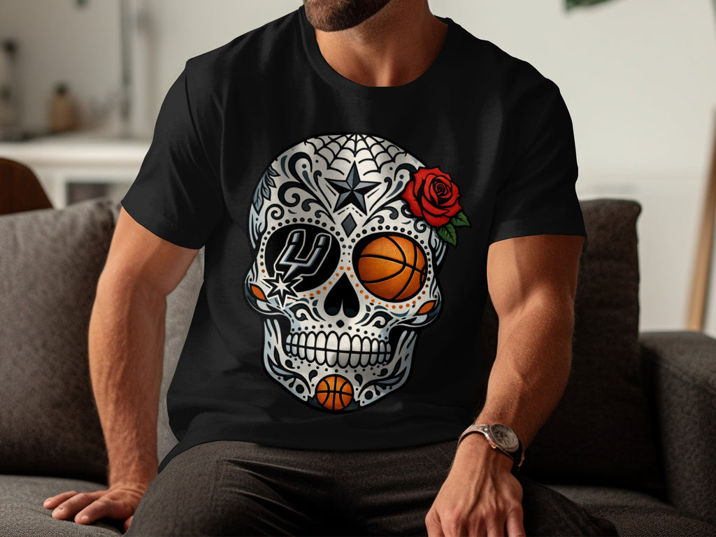Black t-shirt with sugar skull design featuring basketballs and Spurs logo.