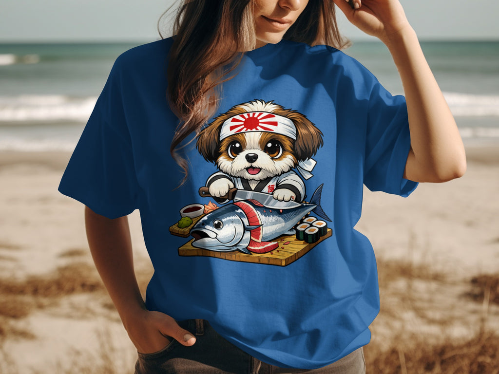 Shih Tzu dog wearing a headband and chef's coat prepares a fish.